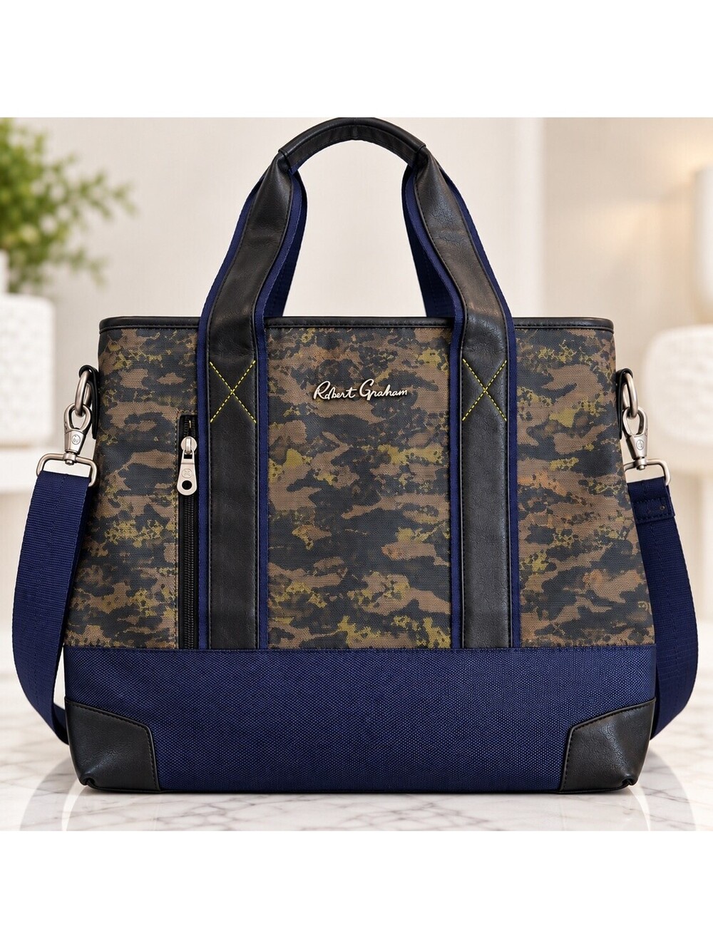 Robert Graham Men's Camo Tote Bag Navy Trim Crossbody Strap Work Travel